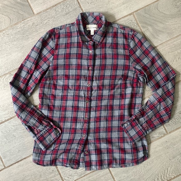 J. Crew boys cotton flannel plaid red and grey button down shirt - Picture 1 of 4